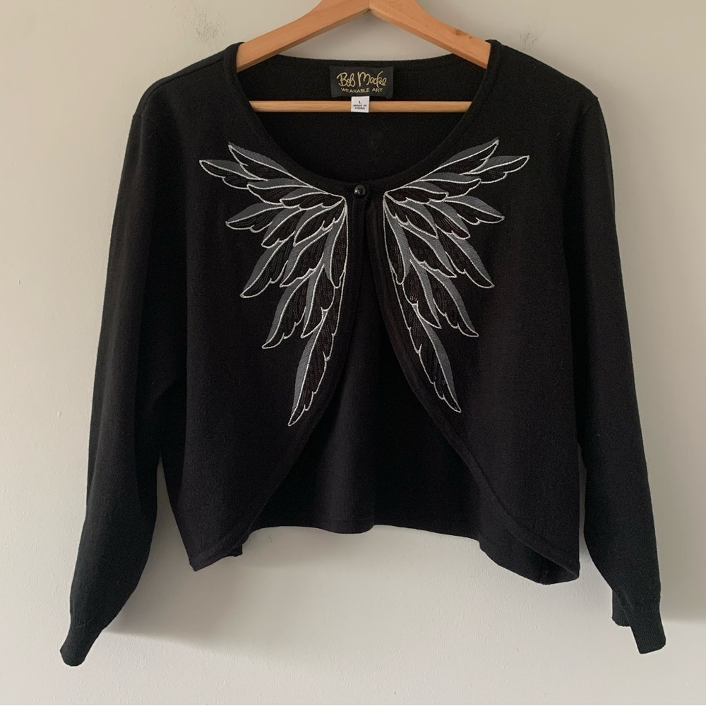 Bob Mackie Cardigan Size Small Preppy Office Quiet Luxury Mature Artsy Feathers